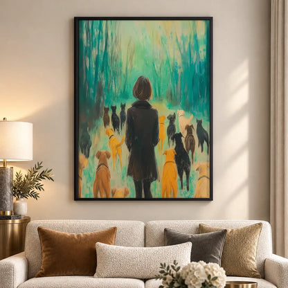 Woman Walking Dogs Through Colorful Rain Wall Art 5