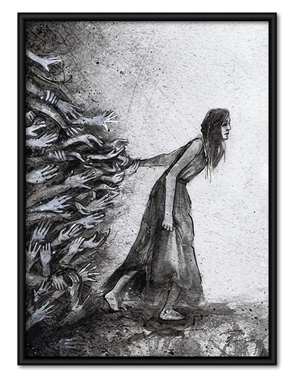 Woman Walking Through Windblown Sketch Wall Art