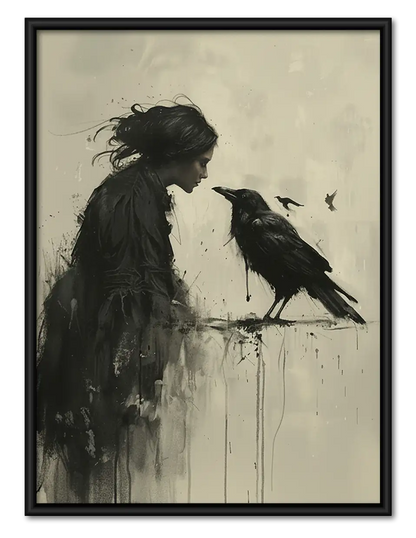 Woman Whispering to Black Crow Wall Art 1