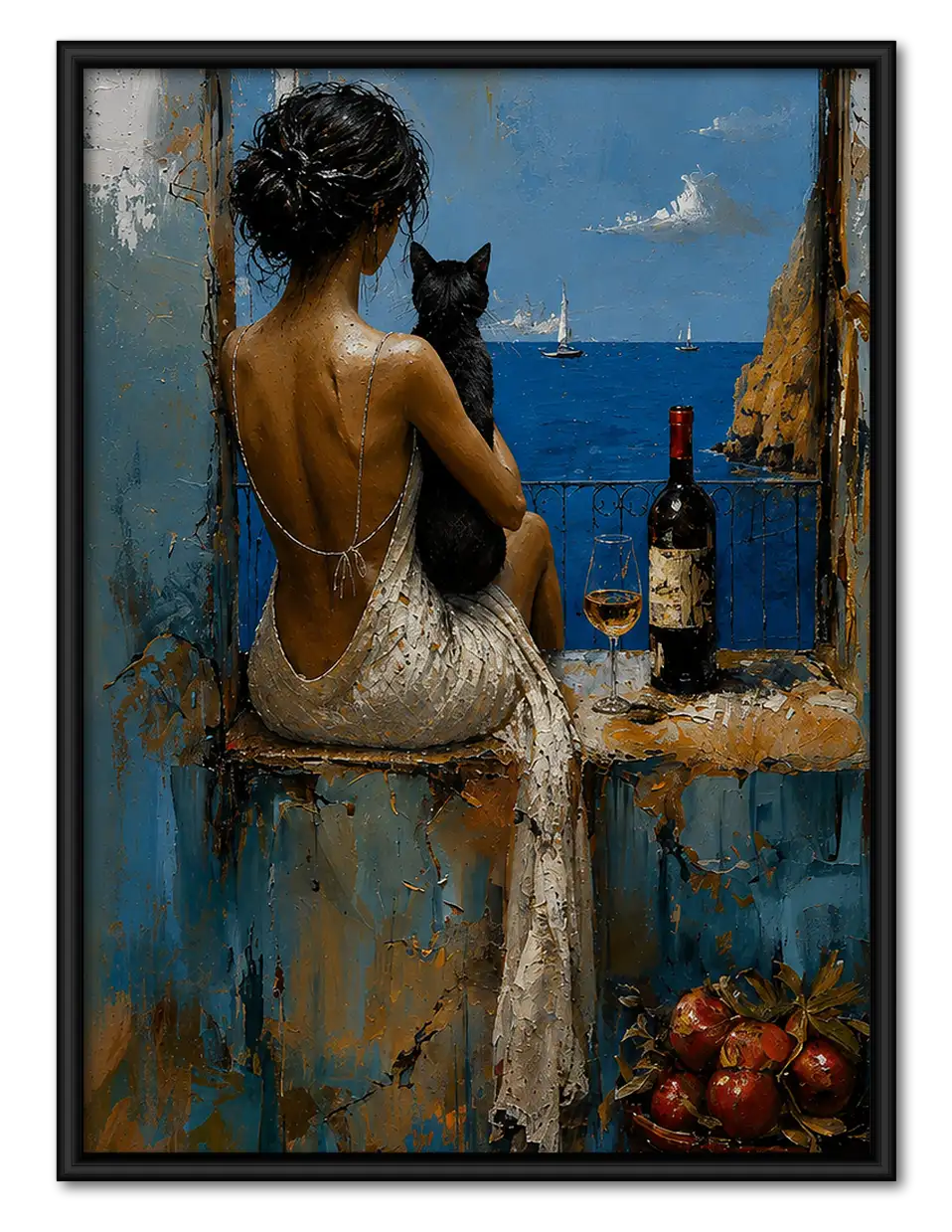 Woman with Black Cat Overlooking Coast Wall Art 1