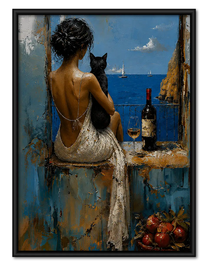 Woman with Black Cat Overlooking Coast Wall Art