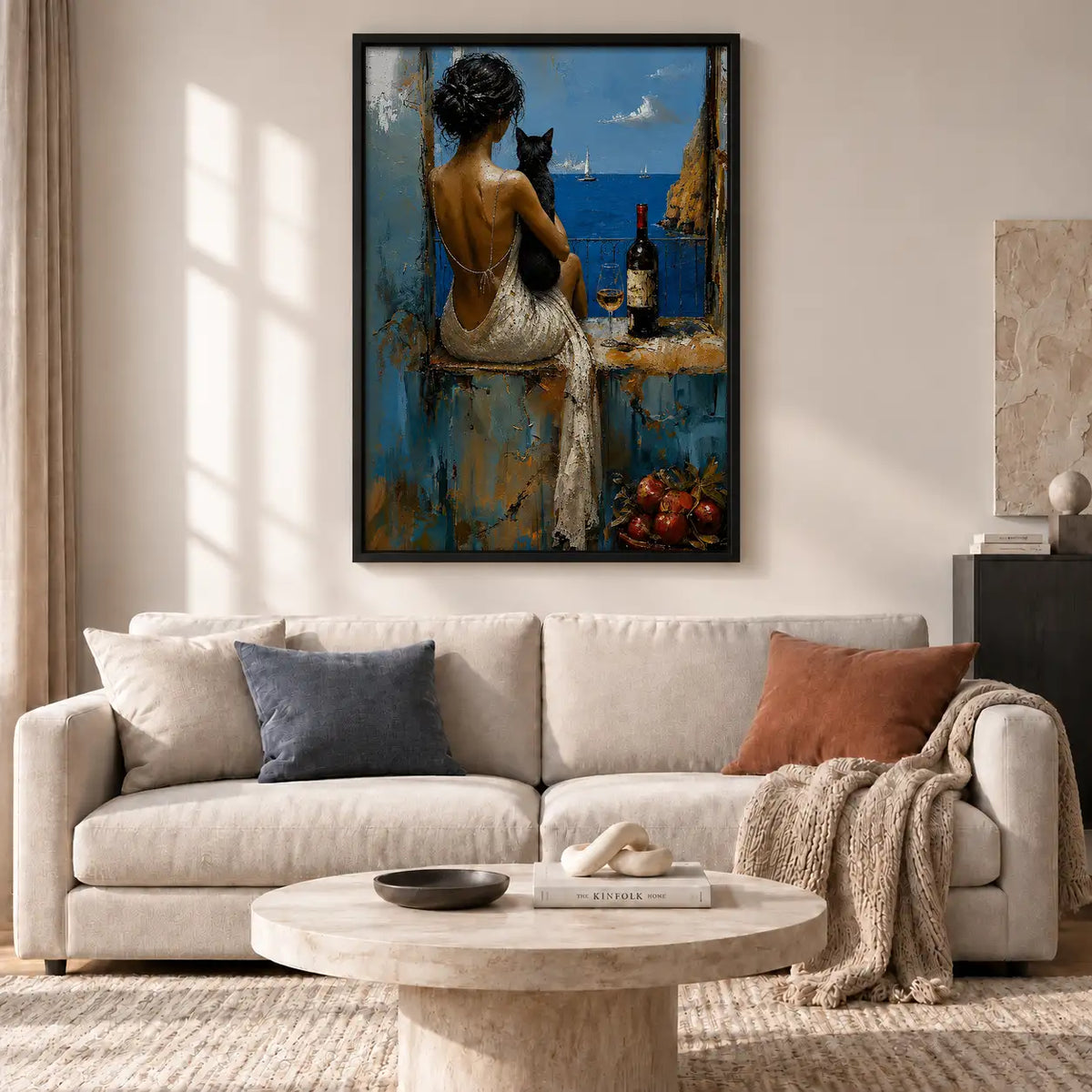 Woman with Black Cat Overlooking Coast Wall Art 2