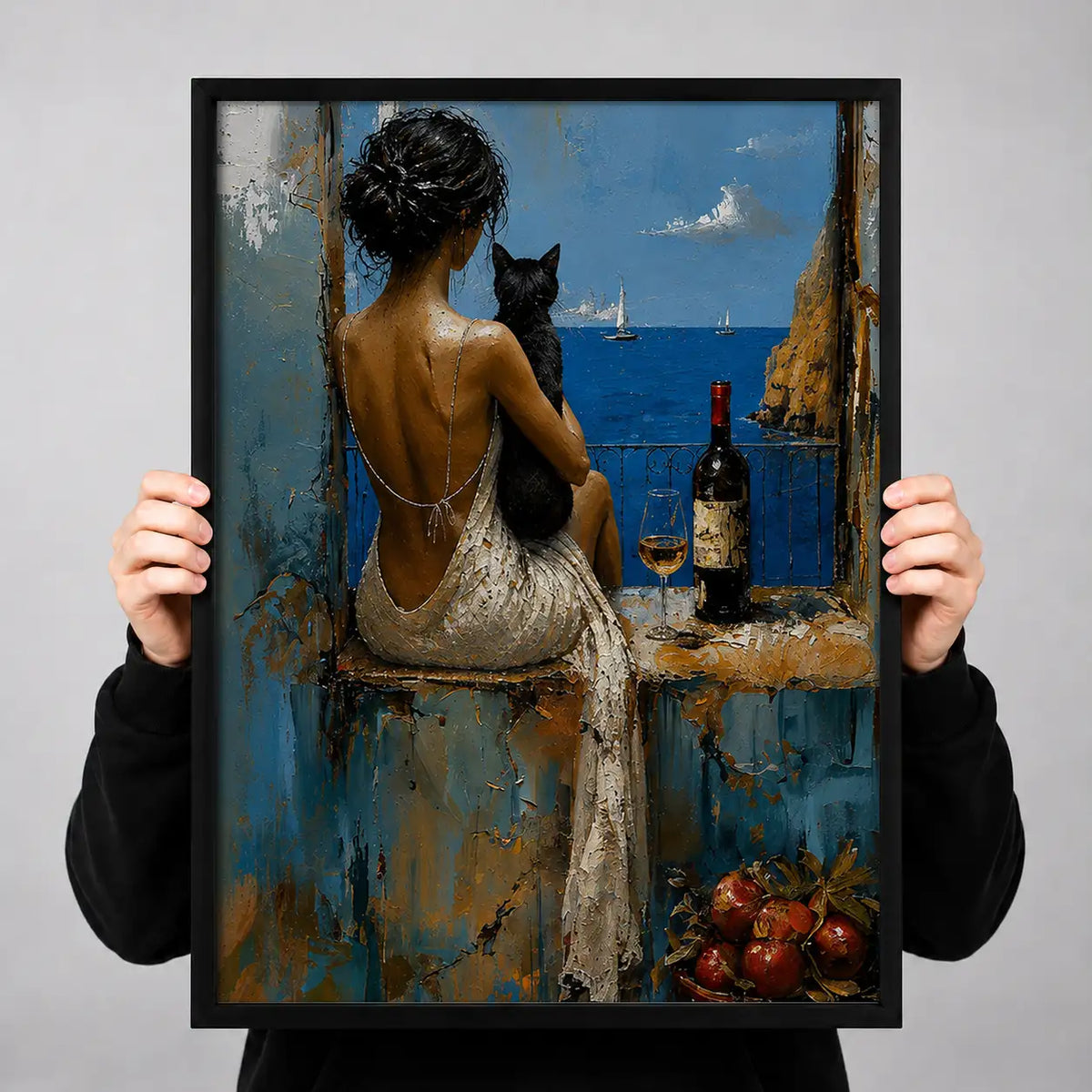 Woman with Black Cat Overlooking Coast Wall Art 3