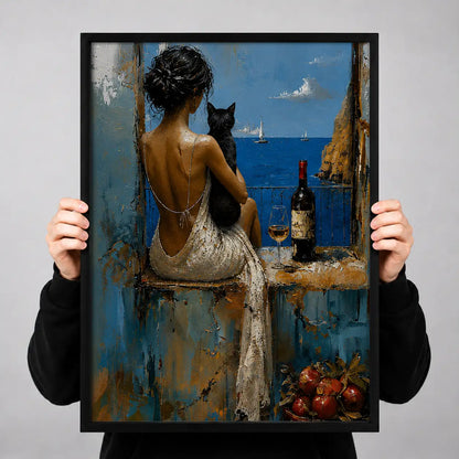 Woman with Black Cat Overlooking Coast Wall Art 3
