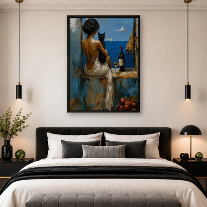 Woman with Black Cat Overlooking Coast Wall Art 4
