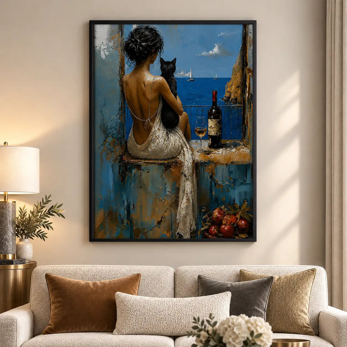 Woman with Black Cat Overlooking Coast Wall Art 5