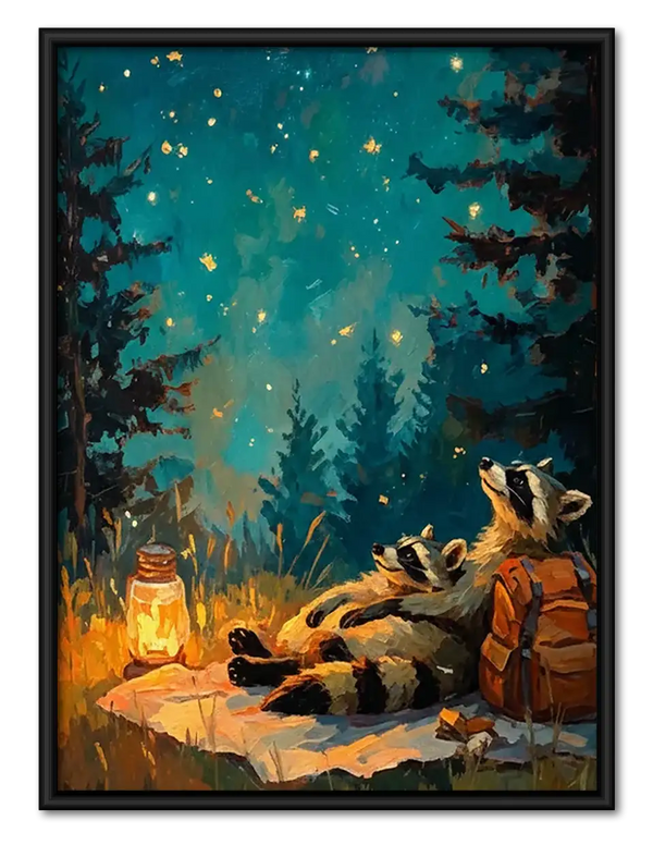 Woodland Raccoons Around Campfire Wall Art