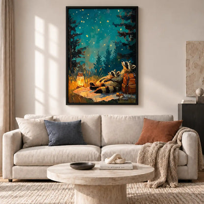 Woodland Raccoons Around Campfire Wall Art 2