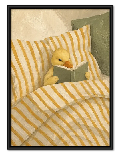 Yellow Duck Reading in Striped Bed Wall Art