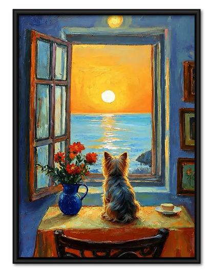 Yorkshire Terrier Watching Sunset by Window Wall Art 1