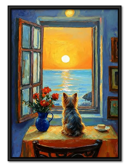 Yorkshire Terrier Watching Sunset by Window Wall Art