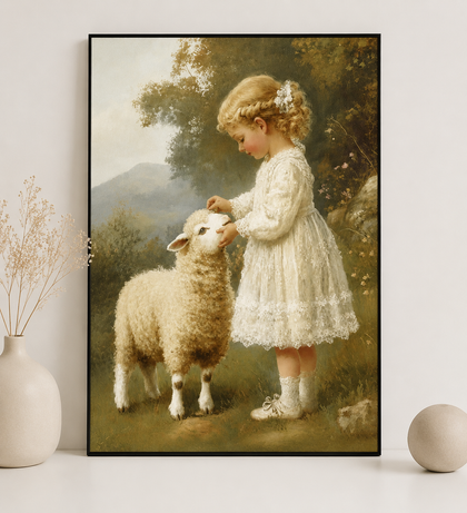 The Girl  Lamb Encounter 鈥?Pastoral Vintage Wall Art on Natural Wood Canvas | W104