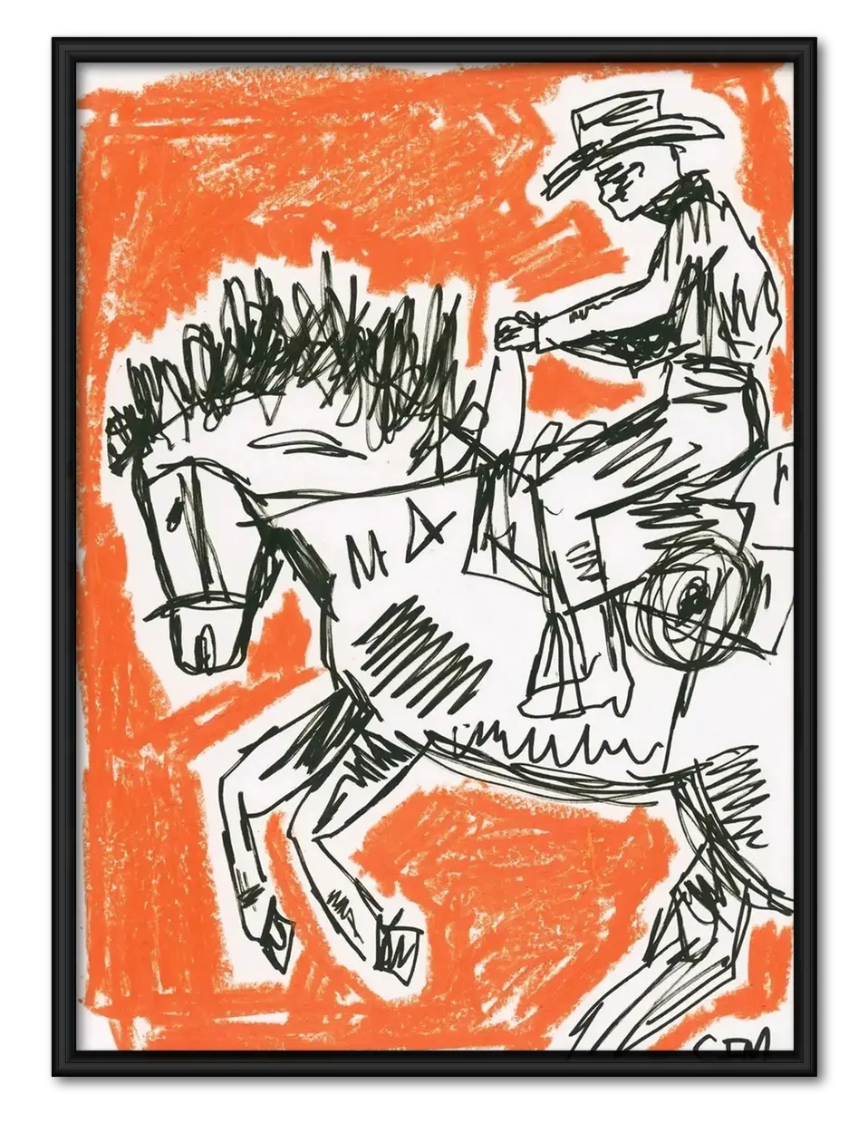 Cowboy Horse Sketch Orange Wall Art 1