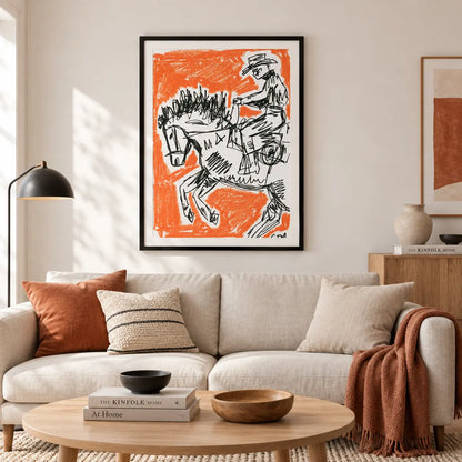 Cowboy Horse Sketch Orange Wall Art 2