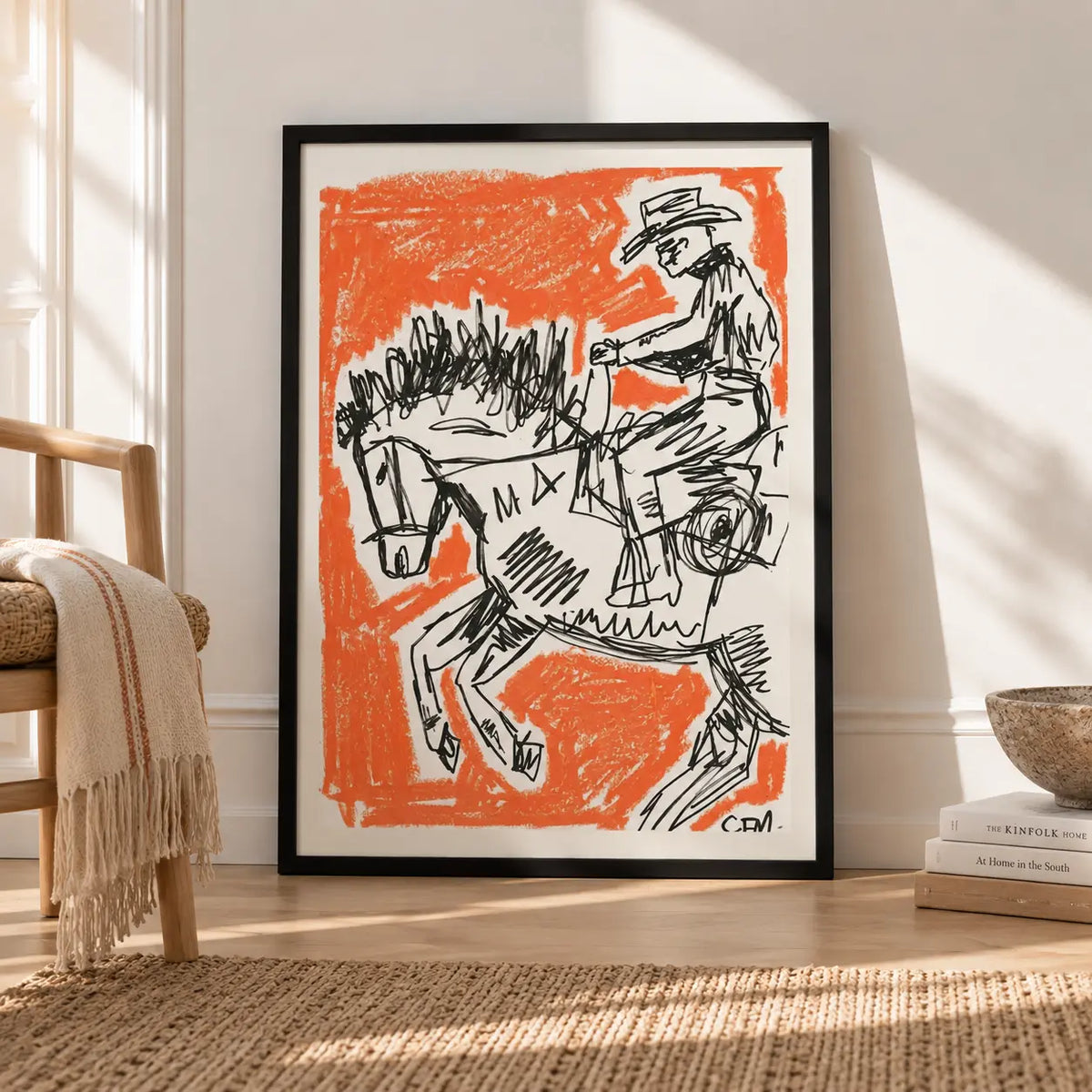 Cowboy Horse Sketch Orange Wall Art 4