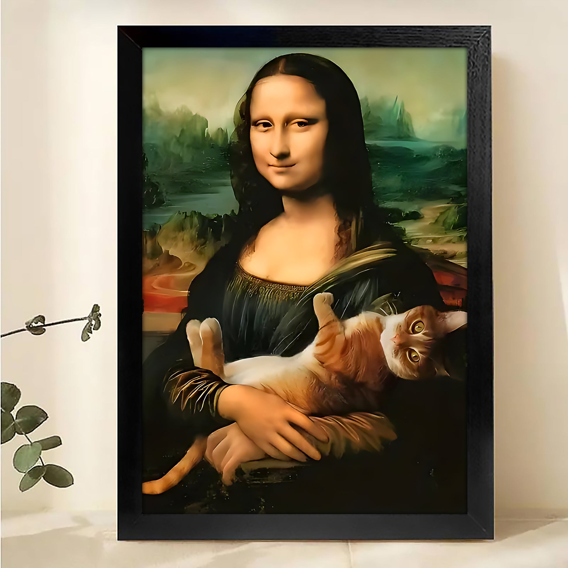 The Mona Lisa with a Cat 鈥?Classic Art Parody Portrait Wall Art on Natural Wood Canvas | W131