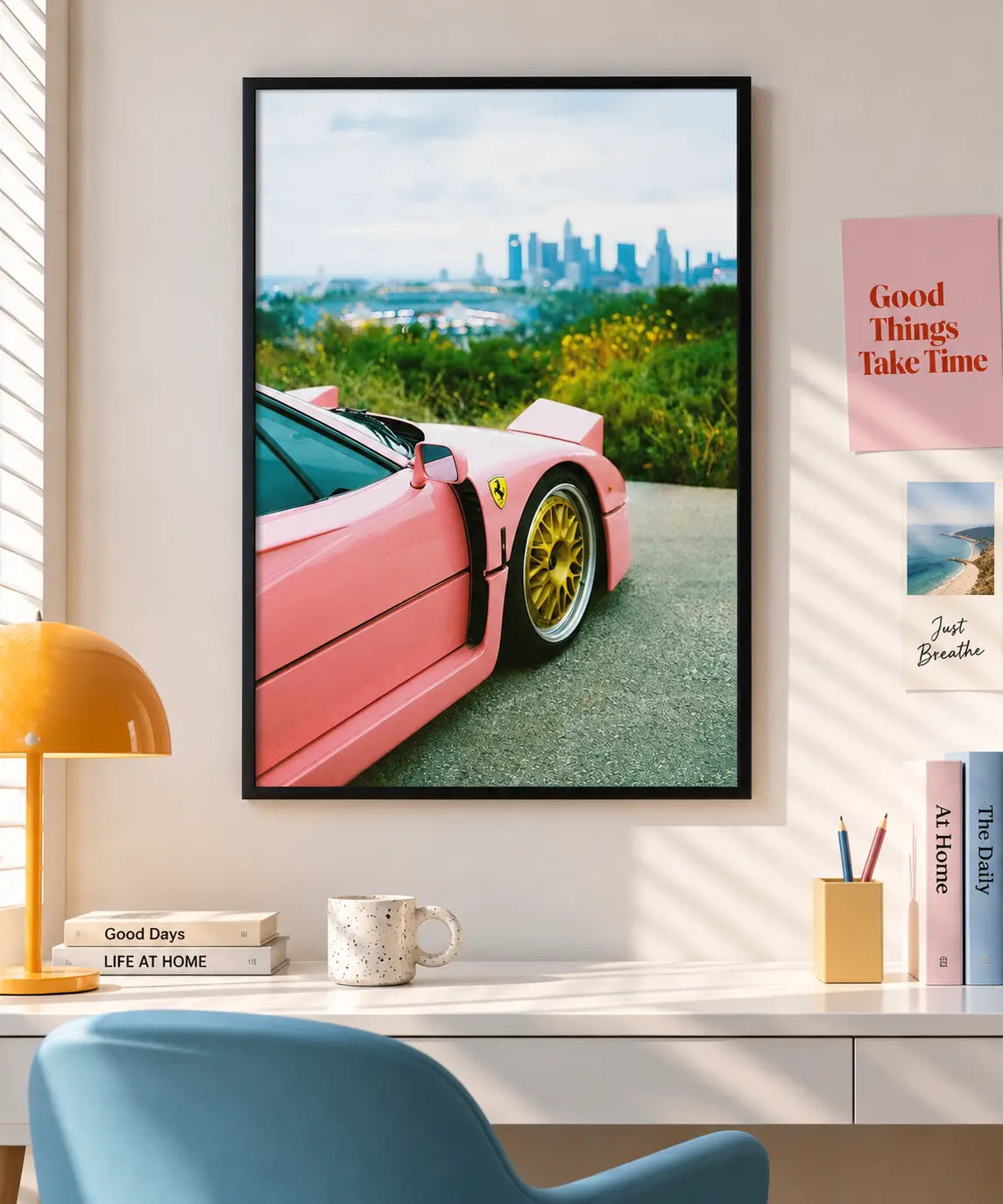 Pink Sports Car City View Wall Art 3