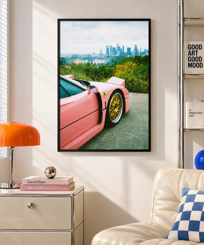 Pink Sports Car City View Wall Art 4