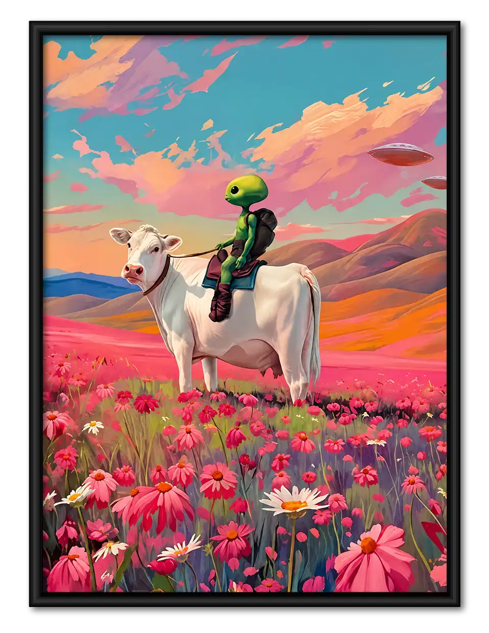 Alien Riding Cow Through Flowers Wall Art 1