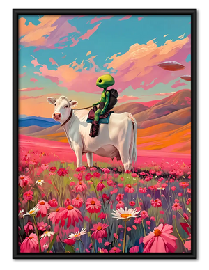 Alien Riding Cow Through Flowers Wall Art