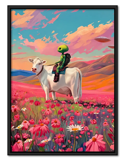 Alien Riding Cow Through Flowers Wall Art