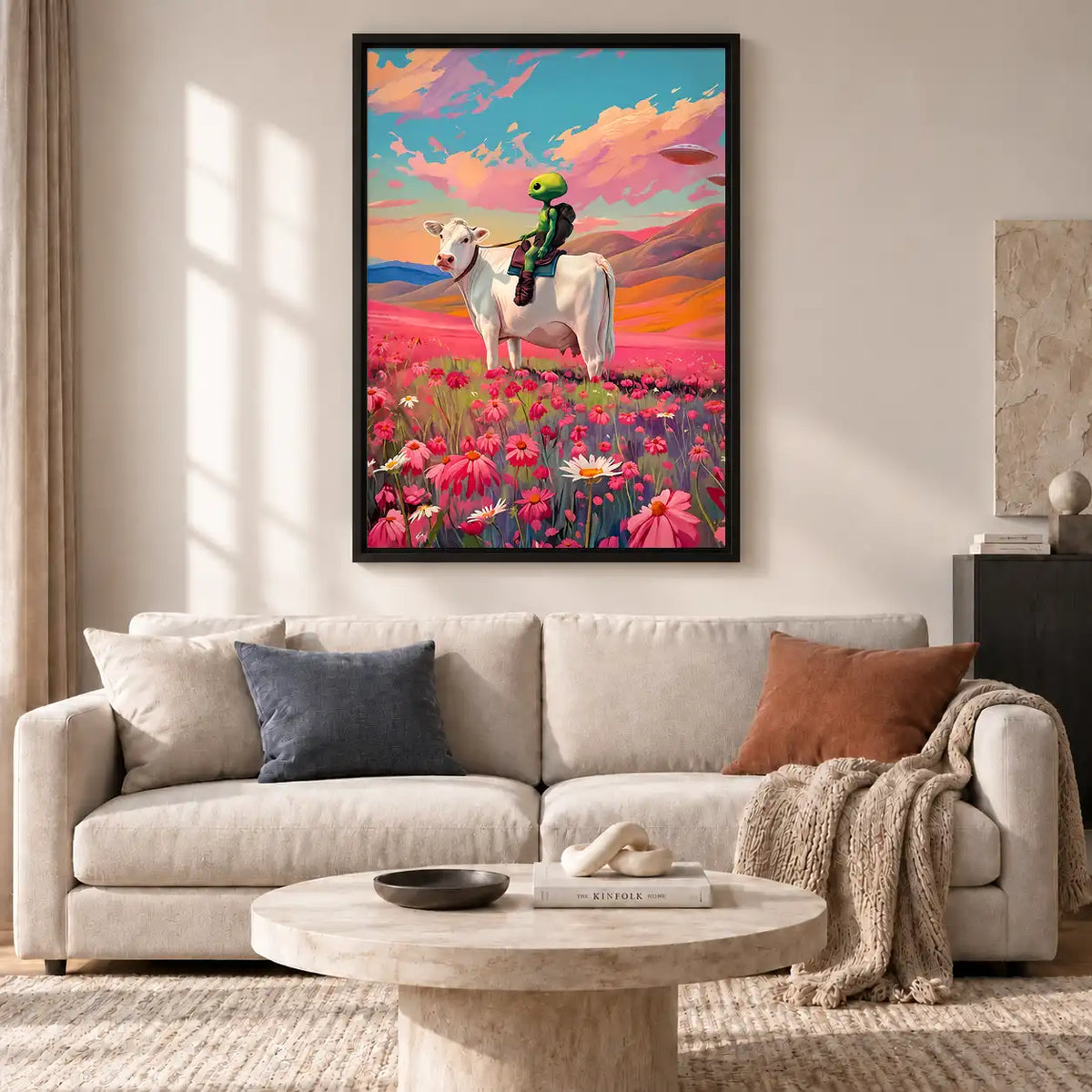 Alien Riding Cow Through Flowers Wall Art 2