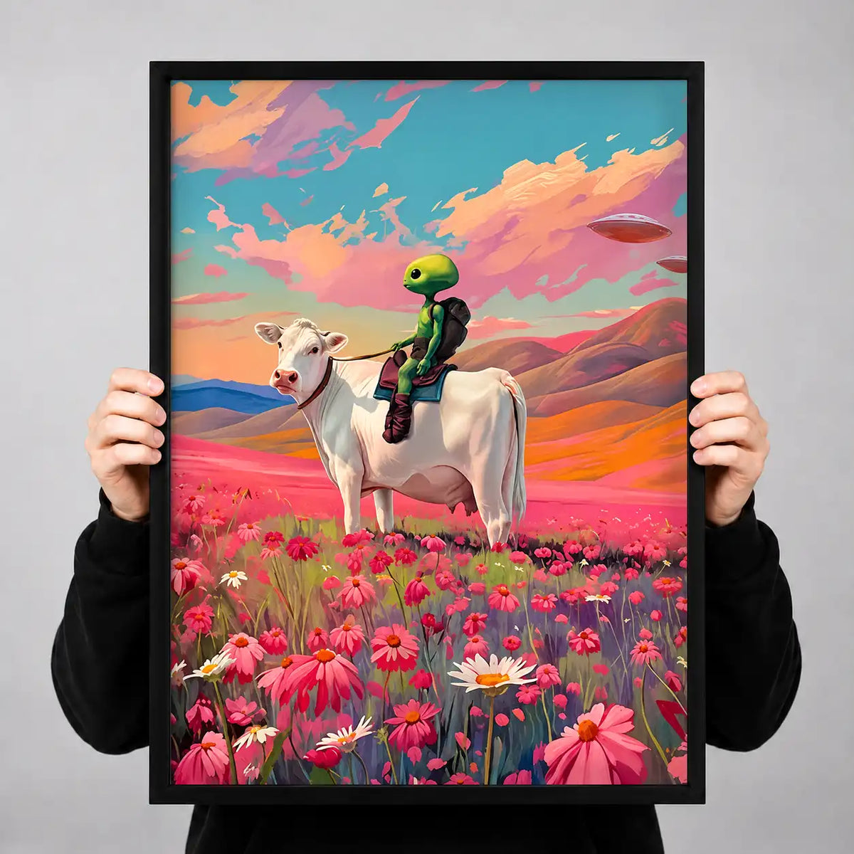 Alien Riding Cow Through Flowers Wall Art 3