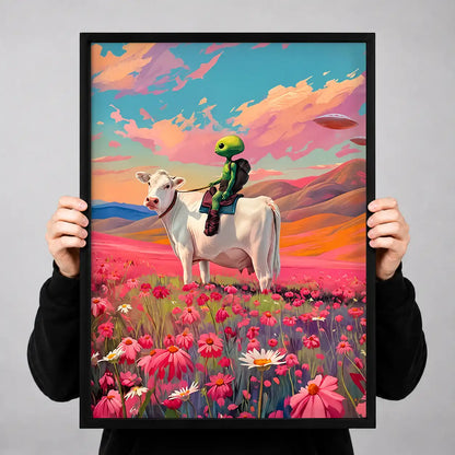 Alien Riding Cow Through Flowers Wall Art 3