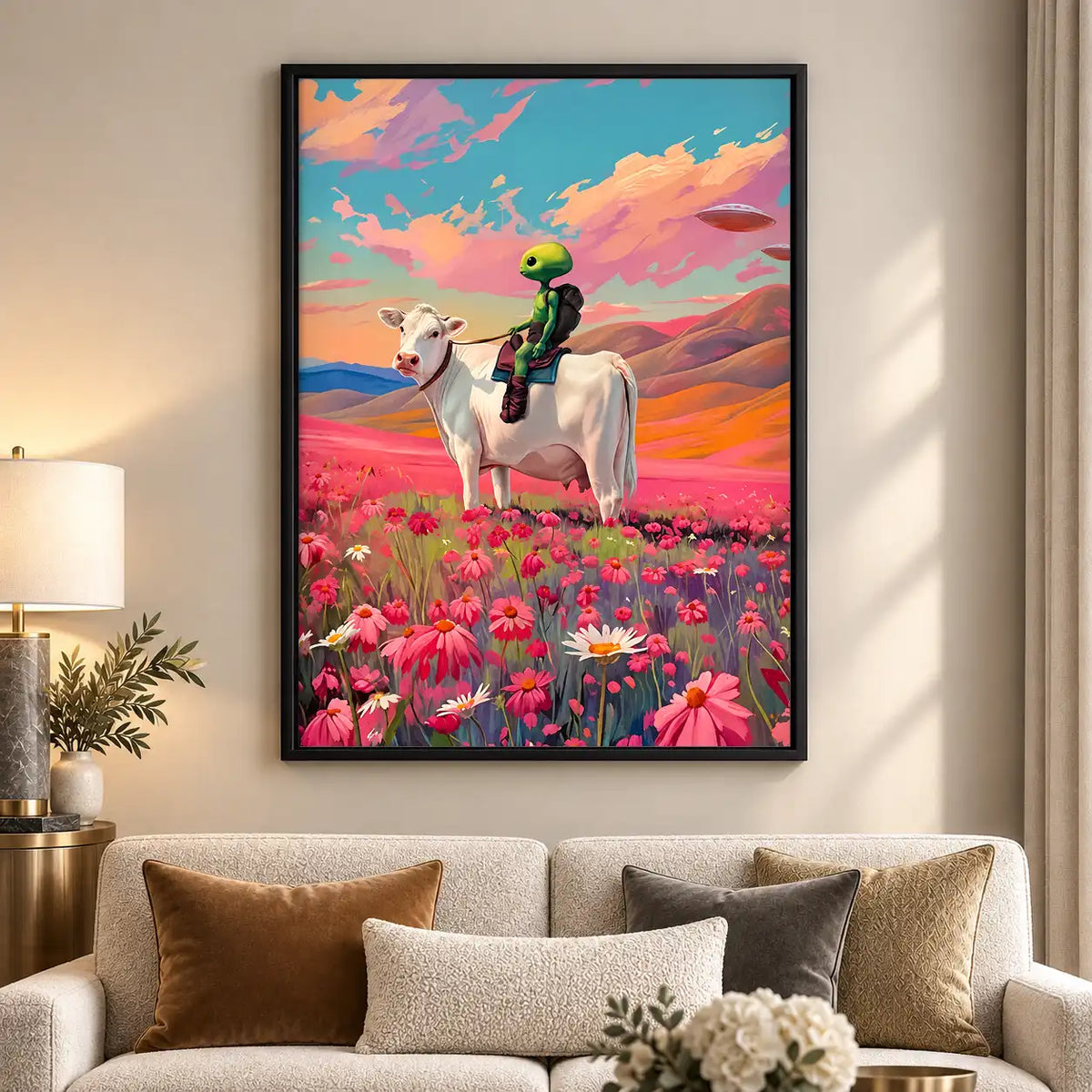 Alien Riding Cow Through Flowers Wall Art 5