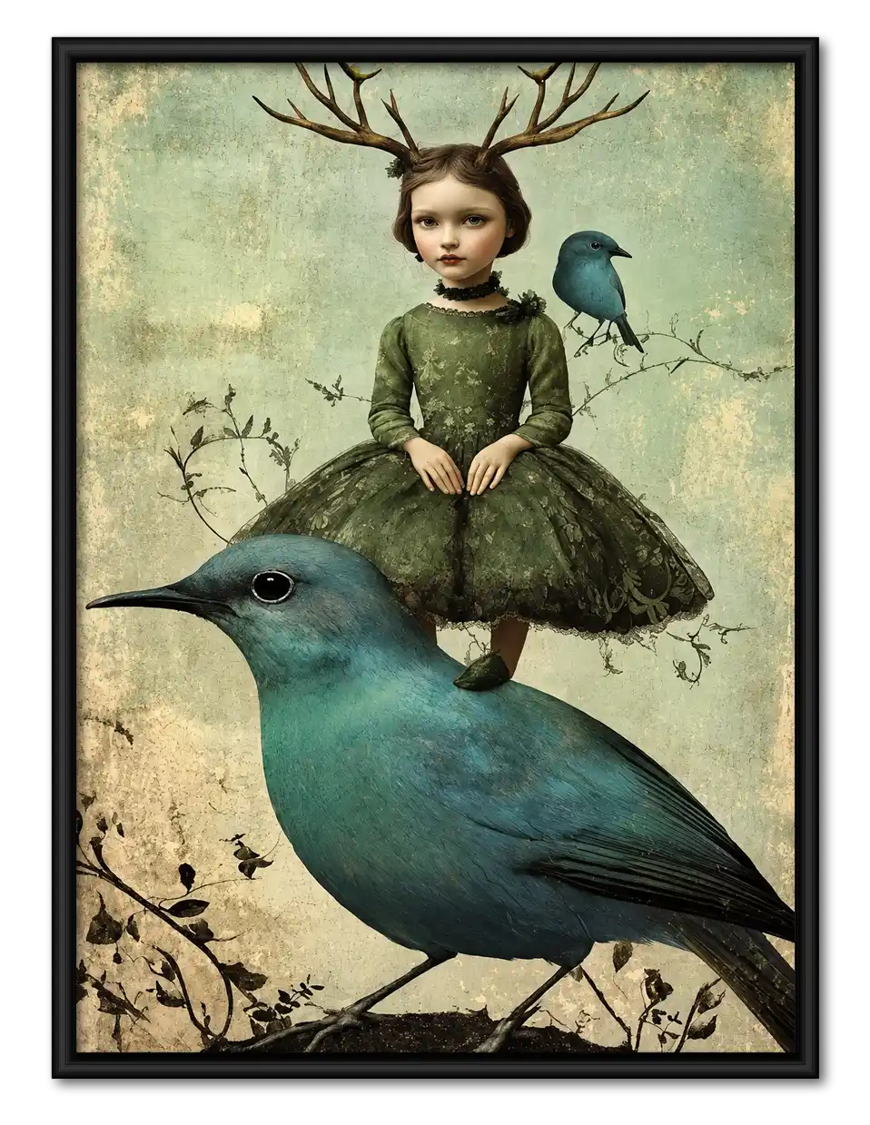Antlered Girl Riding Blue Bird Wall Art 1