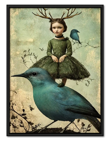 Antlered Girl Riding Blue Bird Wall Art