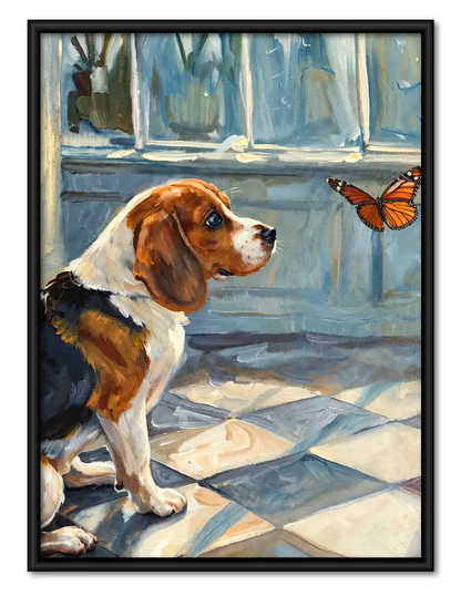 Beagle Watching Orange Butterfly Wall Art 1