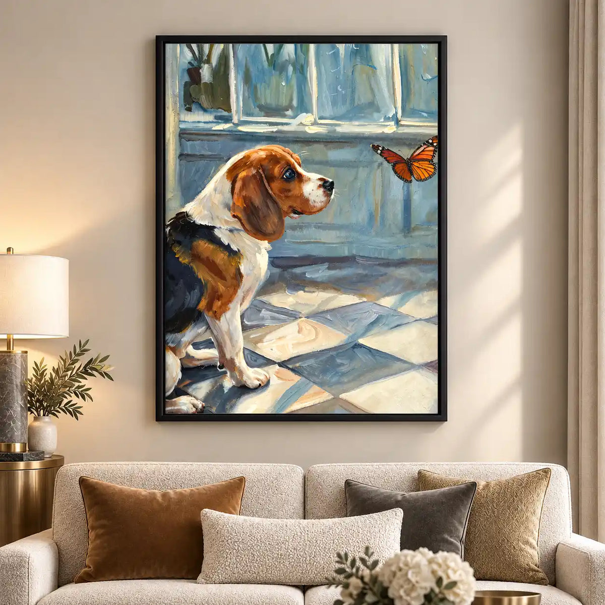 Beagle Watching Orange Butterfly Wall Art 5