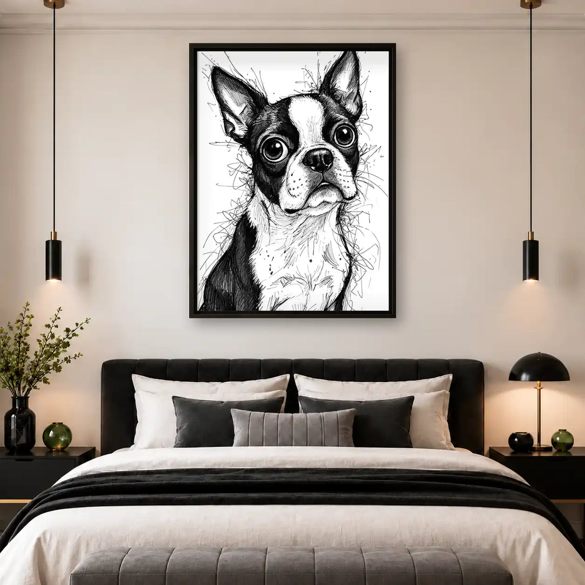 Big Eyed Boston Terrier Sketch Wall Art 4
