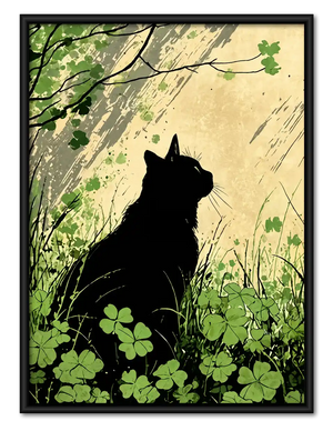 Black Cat Among Green Clovers Wall Art