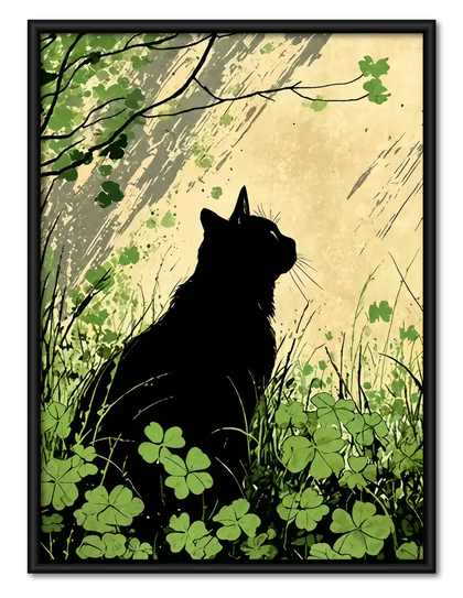 Black Cat Among Green Clovers Wall Art
