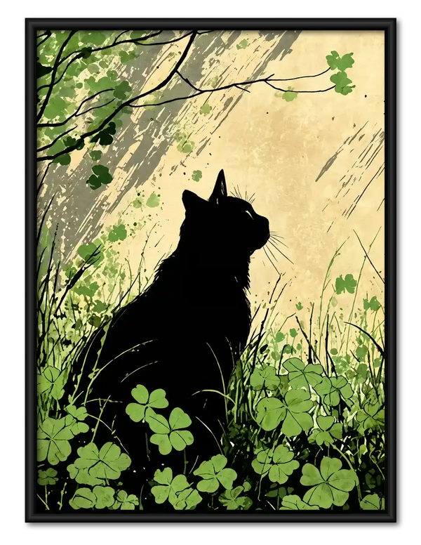 Black Cat Among Green Clovers Wall Art