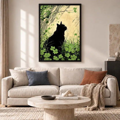 Black Cat Among Green Clovers Wall Art 2