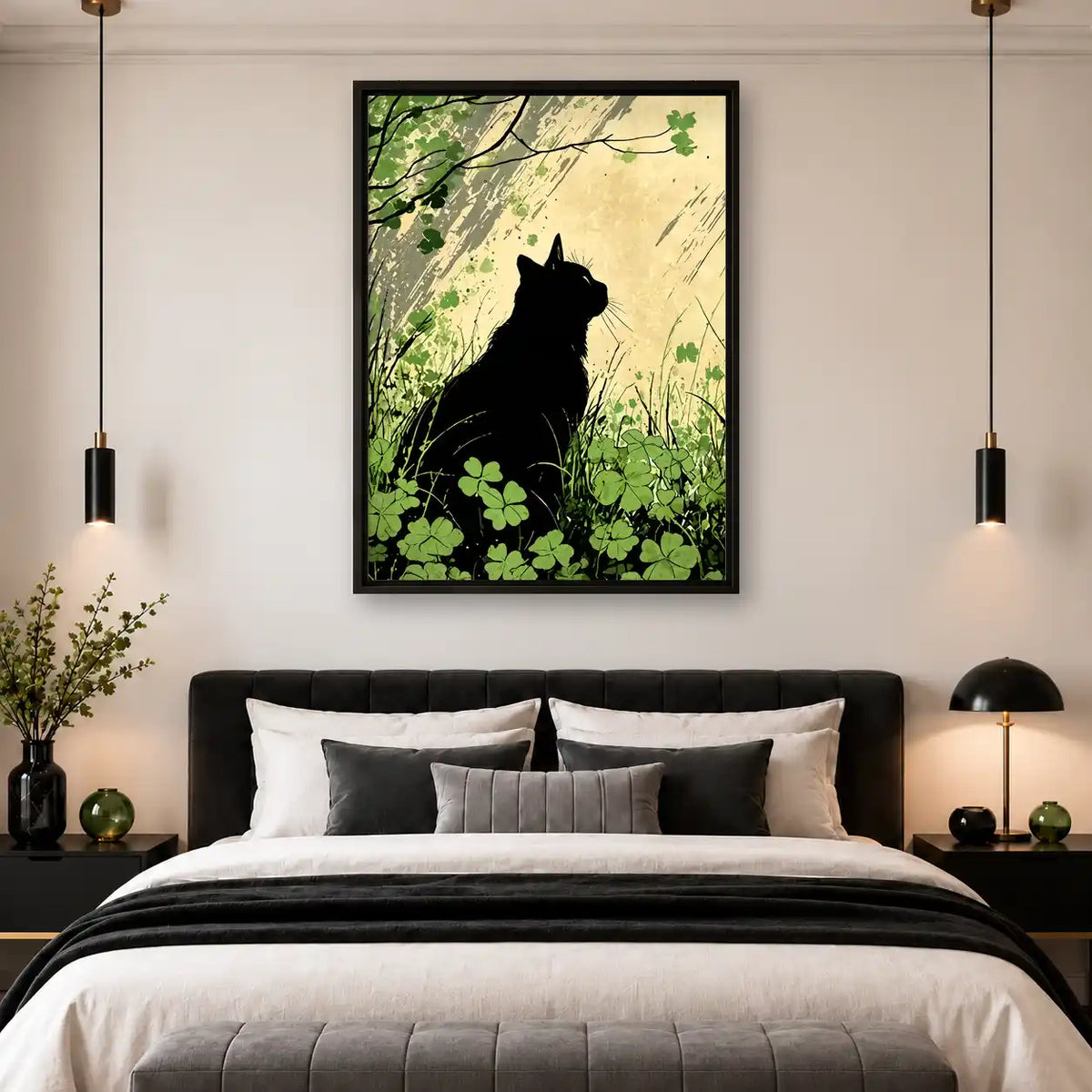Black Cat Among Green Clovers Wall Art 4