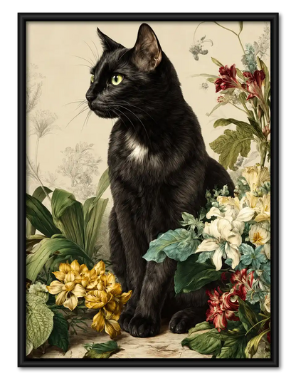 Black Cat Among Vintage Flowers Wall Art 1