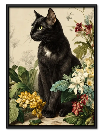 Black Cat Among Vintage Flowers Wall Art
