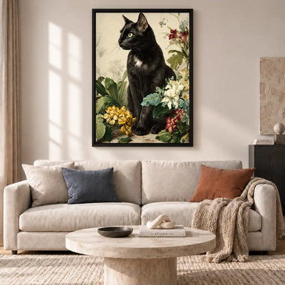Black Cat Among Vintage Flowers Wall Art 2