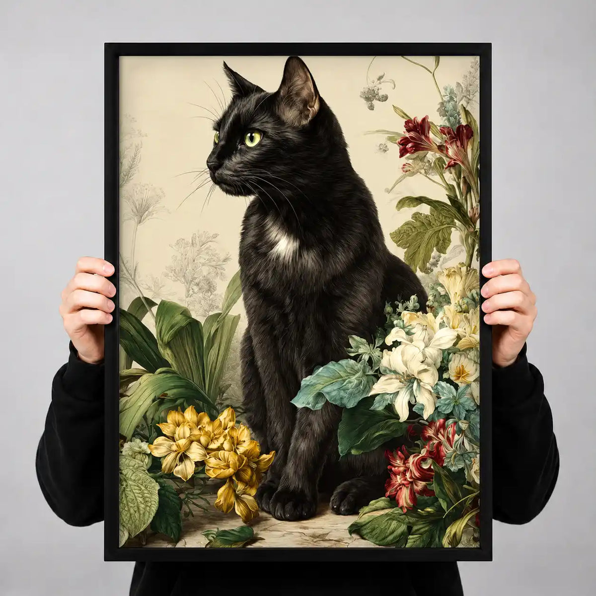 Black Cat Among Vintage Flowers Wall Art 3