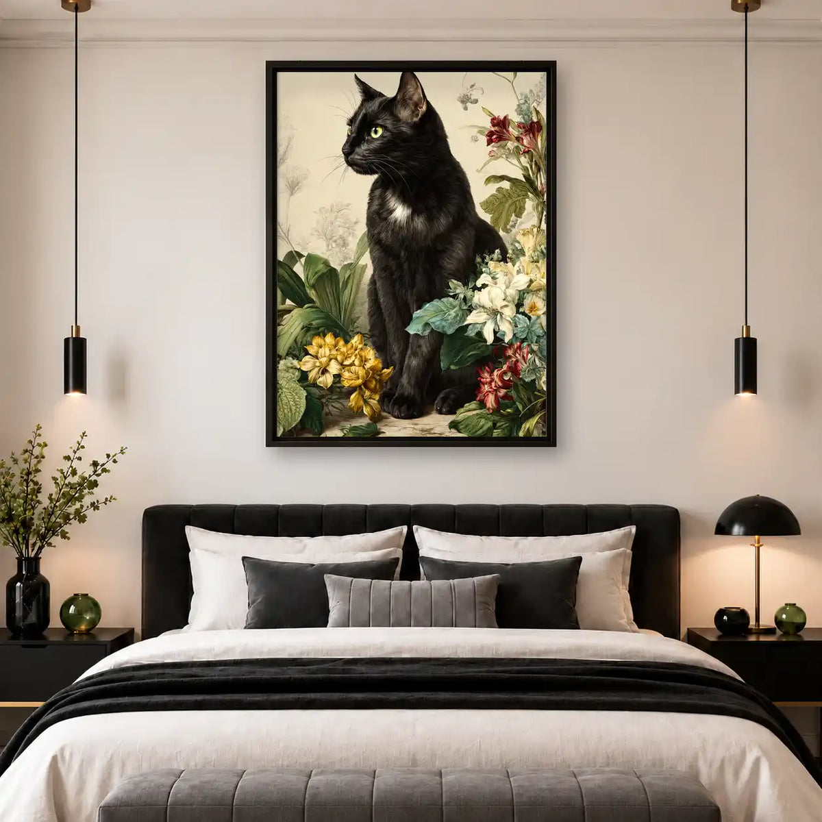 Black Cat Among Vintage Flowers Wall Art 4