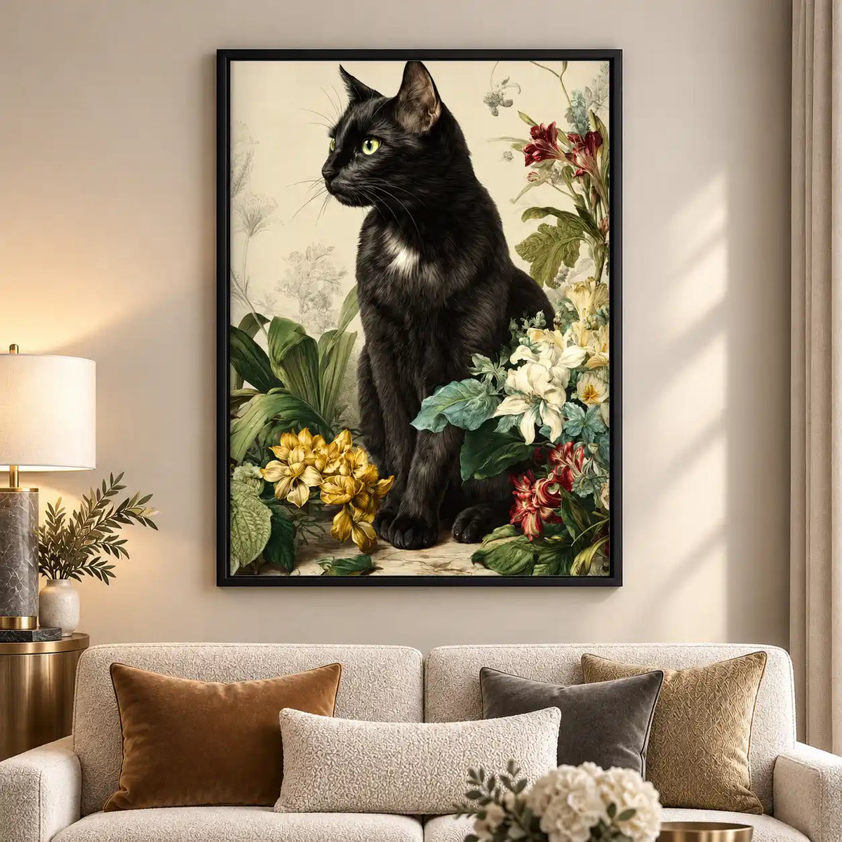 Black Cat Among Vintage Flowers Wall Art 5