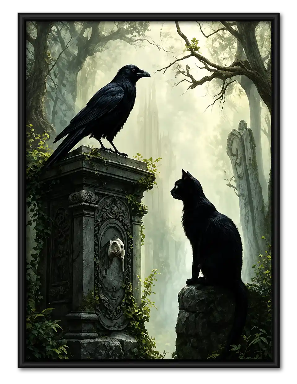 Black Cat And Raven In Forest Wall Art 1