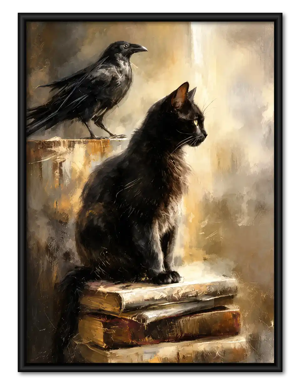 Black Cat And Raven On Books Wall Art 1