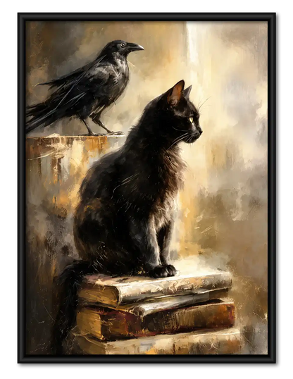 Black Cat And Raven On Books Wall Art 1