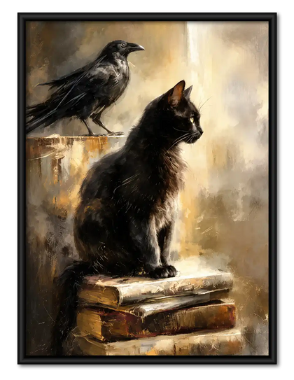 Black Cat And Raven On Books Wall Art