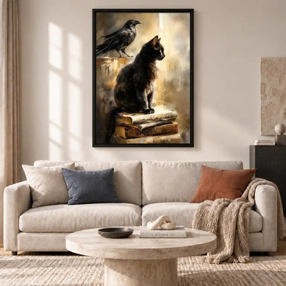 Black Cat And Raven On Books Wall Art 2